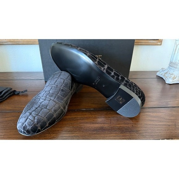 Versace 1003792‎ Men\'s Gray Velvet Croc-embossed Slippers Shoes, 45 main image 3